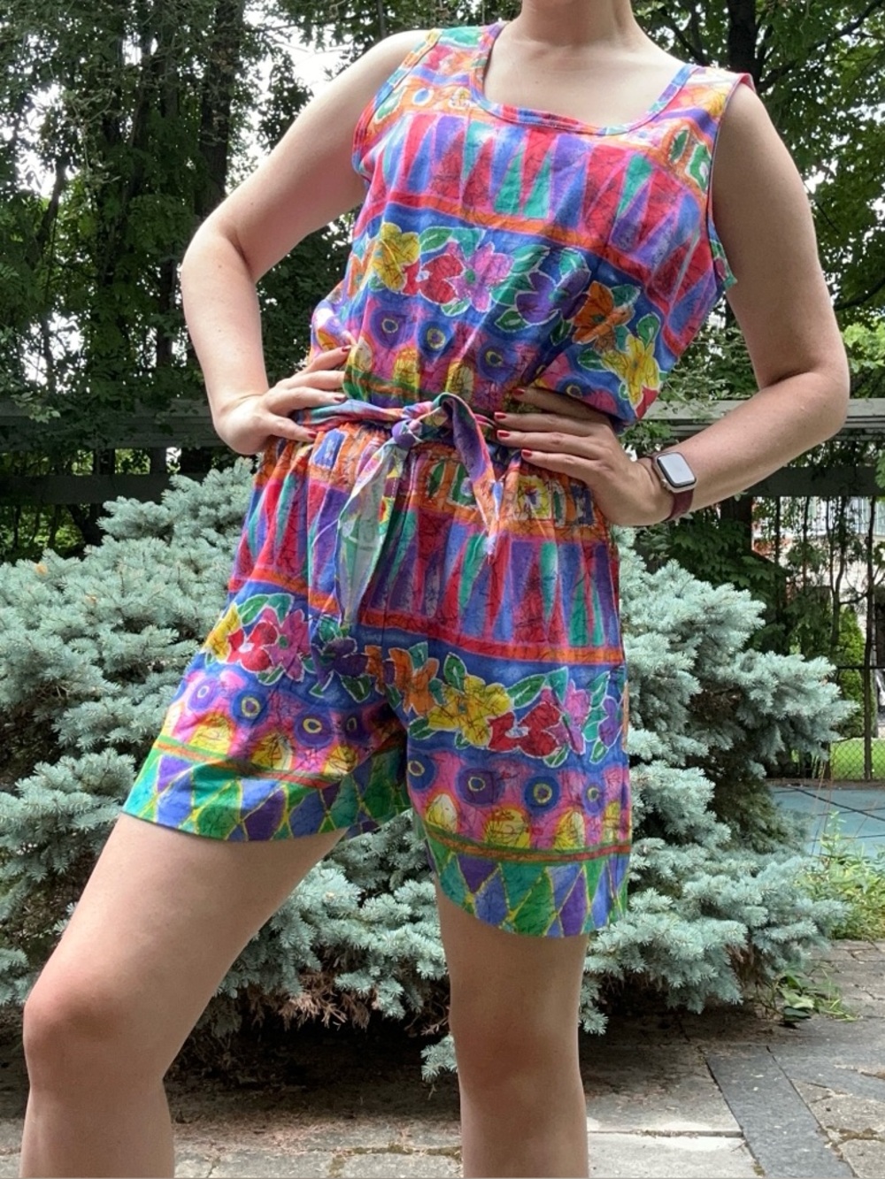 Vintage early 90s Carolyn Waldo colourful romper bright abstract floral OS Large
